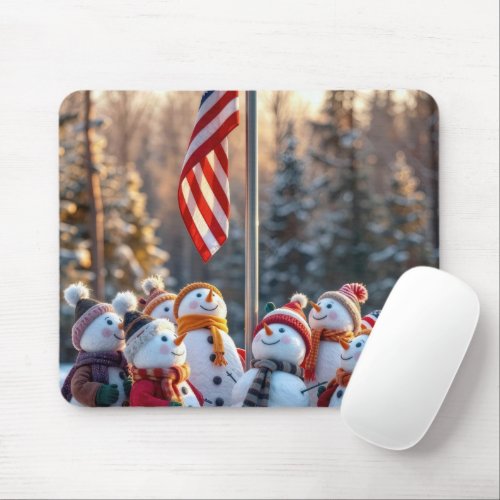 Snowmen Looking Up at USA Flag Mouse Pad