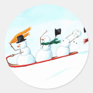 Snowmen on a Sled Classic Round Sticker