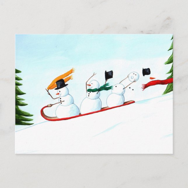 Snowmen on a Sled Holiday Postcard (Front)