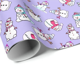Snowmen Pattern   Cute Girly Lilac Christmas Wrapping Paper