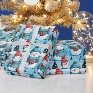 Snowmen Pine Trees Snow Blue Christmas Wrapping Paper