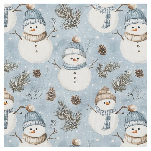 Snowmen & Pinecones on Blue Fabric