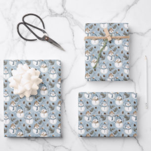 Snowmen & Pinecones on Snowy Blue Wrapping Paper Sheets