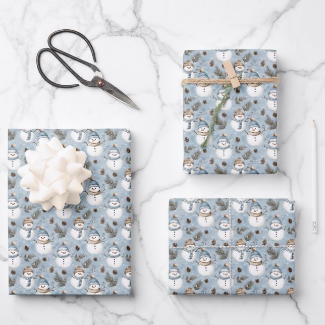 Snowmen & Pinecones on Snowy Blue Wrapping Paper Sheets (Front)