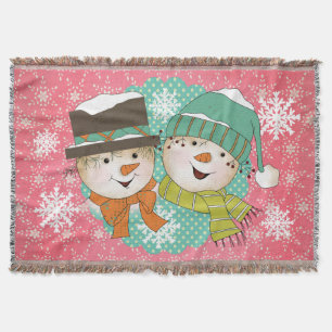 Snowmen Pink and Blue Holiday Throw Throw Blanket