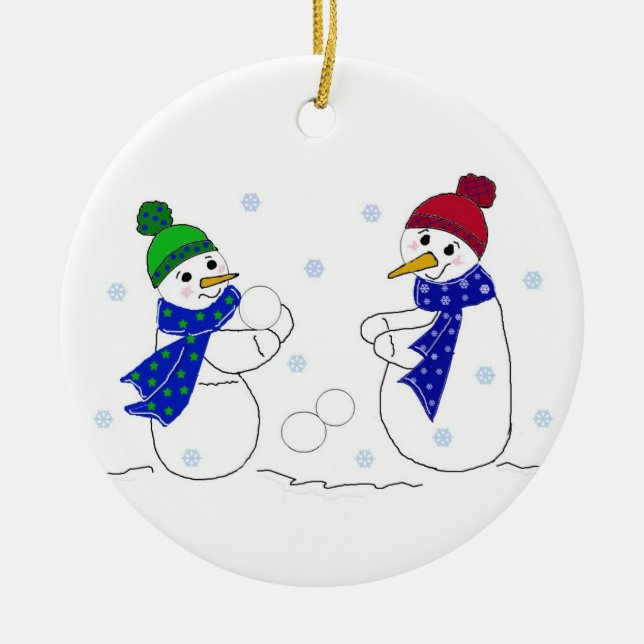 Snowmen Playing in the Snow Ceramic Ornament (Front)