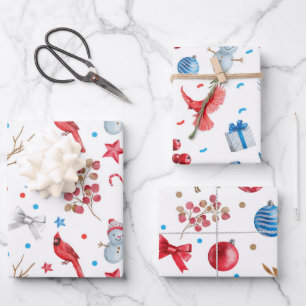 SNOWMEN, RED CARDINALS, CHRISTMAS ORNAMENTS, BOWS WRAPPING PAPER SHEETS