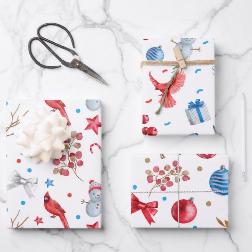 SNOWMEN RED CARDINALS CHRISTMAS ORNAMENTS BOWS WRAPPING PAPER SHEETS