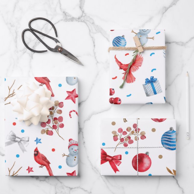 SNOWMEN, RED CARDINALS, CHRISTMAS ORNAMENTS, BOWS WRAPPING PAPER SHEETS (Front)