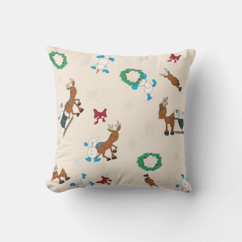 Snowmen Reindeer and Snowflakes Throw Pillow