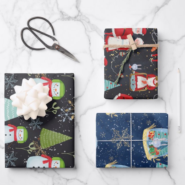Snowmen Santa Snow Globe Christmas Holiday Pattern Wrapping Paper Sheets (Front)