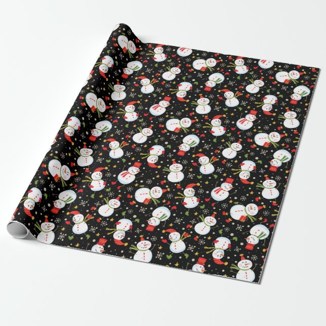 Snowmen Scatter Black Wrapping Paper (Unrolled)