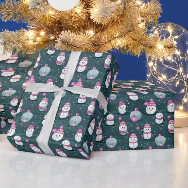 Snowmen Snow Christmas Ornaments Green Christmas Wrapping Paper (Holidays)