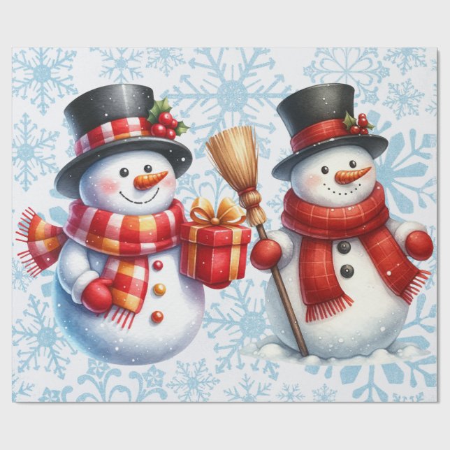 Snowmen Snowflakes Background Large Scale Wrapping Paper (Flat)