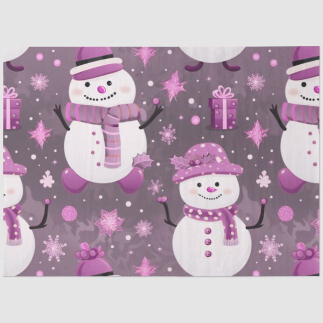 Snowmen Snowflakes Gifts Purple Gray Christmas Tissue Paper (Front)