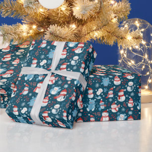 Snowmen Snowflakes Greenery Blue Christmas Wrapping Paper