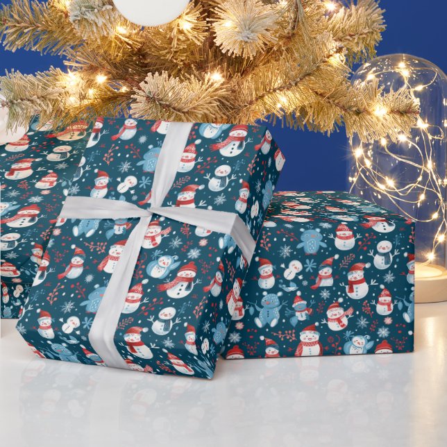 Snowmen Snowflakes Greenery Blue Christmas Wrapping Paper (Holidays)