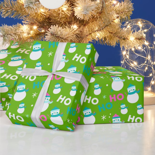 Snowmen Snowflakes Ho Ho Ho Modern Christmas Wrapping Paper (Holidays)
