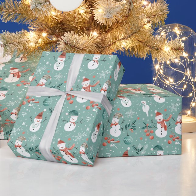 Snowmen Snowflakes Holly Leaves Green Christmas Wrapping Paper (Holidays)
