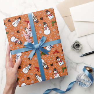 Snowmen & Snowflakes on Dark Orange Wrapping Paper