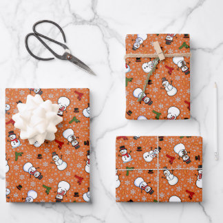 Snowmen & Snowflakes on Dark Orange Wrapping Paper Sheets