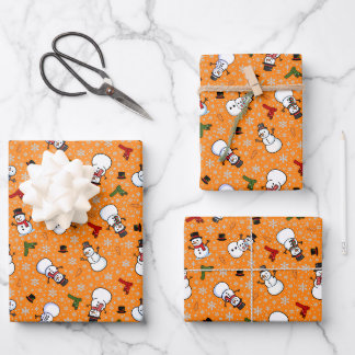 Snowmen & Snowflakes on Orange Wrapping Paper Sheets