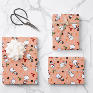 Snowmen & Snowflakes on Peach Wrapping Paper Sheets