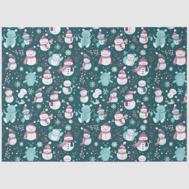 Snowmen Teddy Bears Snowflakes Greenery Christmas Tissue Paper (Front)