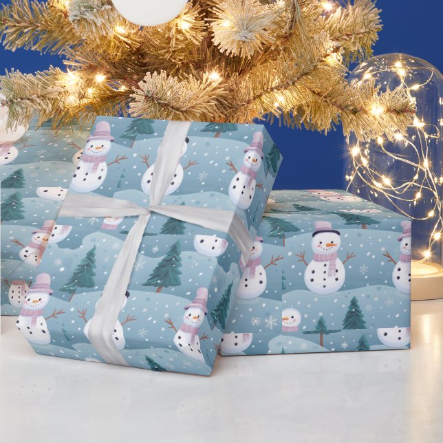 Snowmen trees Snowflakes Modern Christmas Wrapping Paper (Holidays)