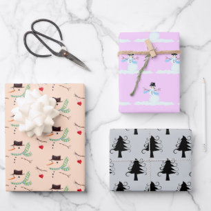Snowmen Trees Unconventional Christmas Colors Wrapping Paper Sheets