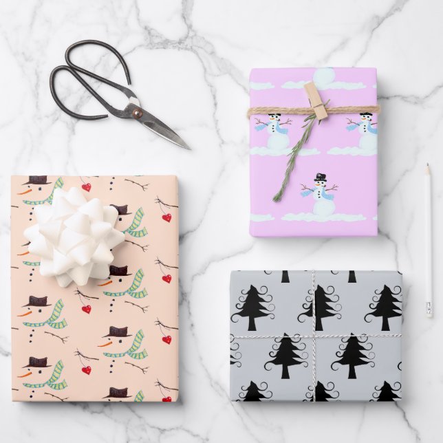 Snowmen Trees Unconventional Christmas Colors Wrapping Paper Sheets (Front)