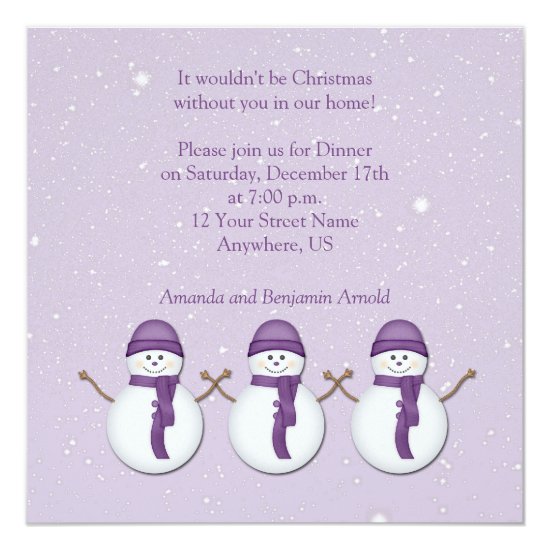 Snowmen with Purple Hats Scarves Christmas Invitat Card