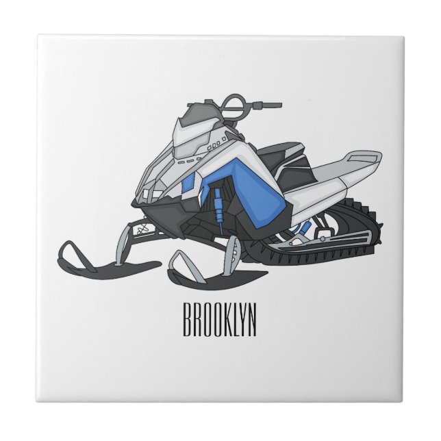 Snowmobile cartoon illustration ceramic tile (Front)