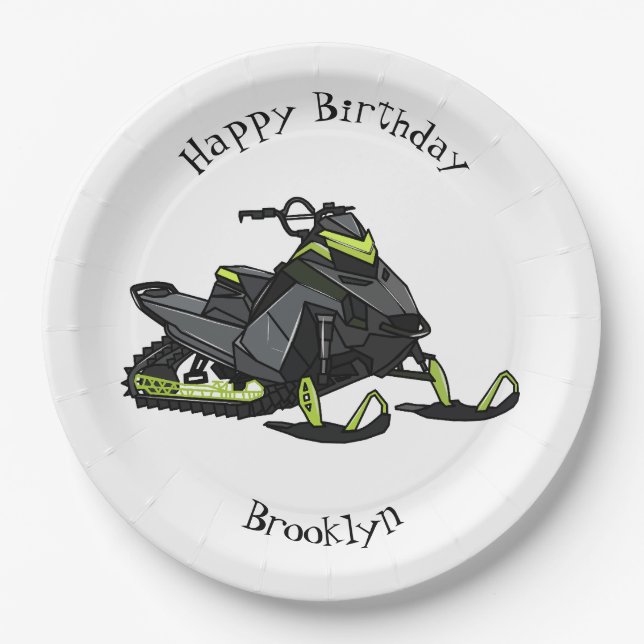 Snowmobile cartoon illustration paper plates (Front)
