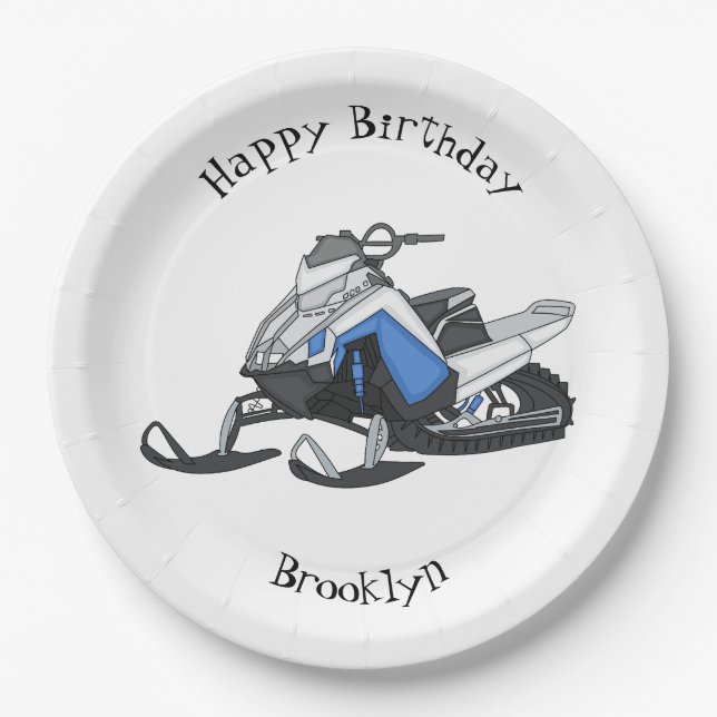 Snowmobile cartoon illustration paper plates (Front)