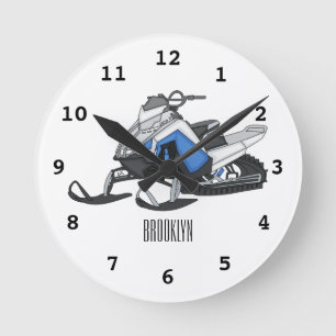 Snowmobile cartoon illustration round clock