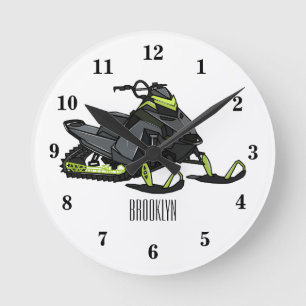 Snowmobile cartoon illustration round clock