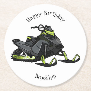 Snowmobile cartoon illustration round paper coaster