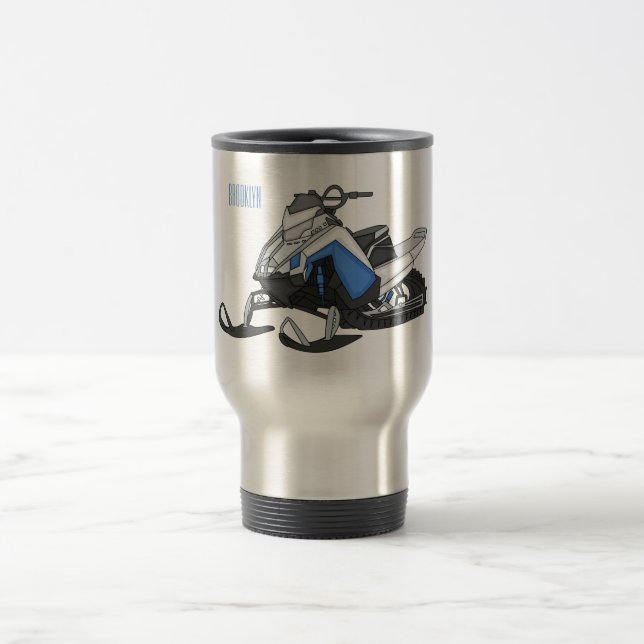 Snowmobile cartoon illustration travel mug (Center)