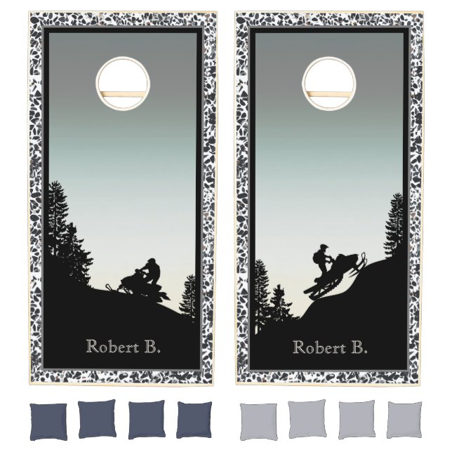 Snowmobile Pebble Black White Cornhole Set (Set)