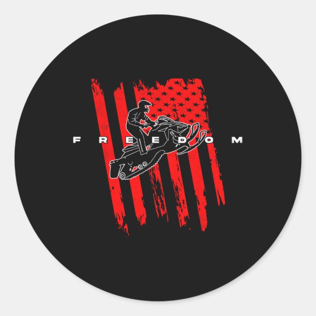 Snowmobile Sled Freedom Us Flag Adventure Winter S Classic Round Sticker (Front)