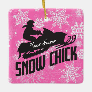 Snowmobile Snow Chick Pink Snowflake Ceramic Ornament