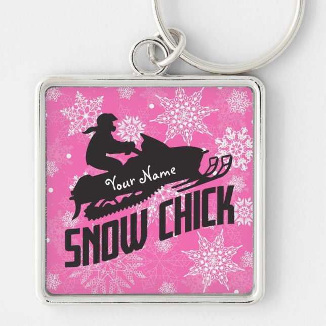 Snowmobile Snow Chick Pink Snowflake Keychain (Front)