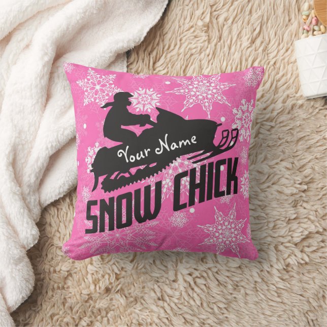 Snowmobile Snow Chick Pink Snowflake Throw Pillow (Blanket)