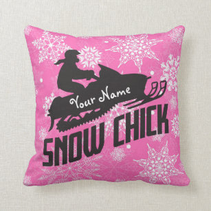 Snowmobile Snow Chick Pink Snowflake Throw Pillow