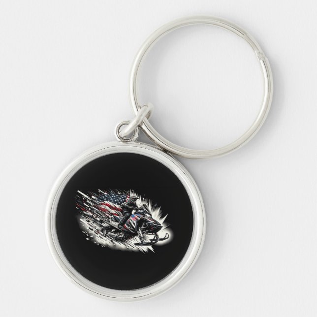 Snowmobile Snowmobiling Freedom Flag Long Sleeve Keychain (Front)
