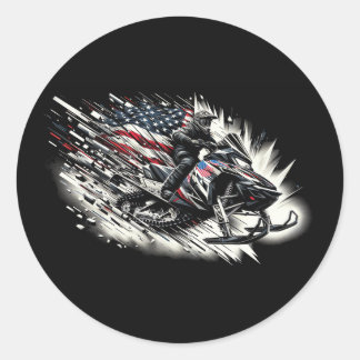 Snowmobile T Snowmobiling Freedom Flag Long Sleeve Classic Round Sticker