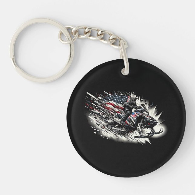 Snowmobile T Snowmobiling Freedom Flag Long Sleeve Keychain (Front)