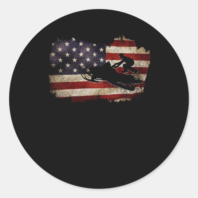 Snowmobile USA Flag Snow Sled Patriotic Classic Round Sticker (Front)