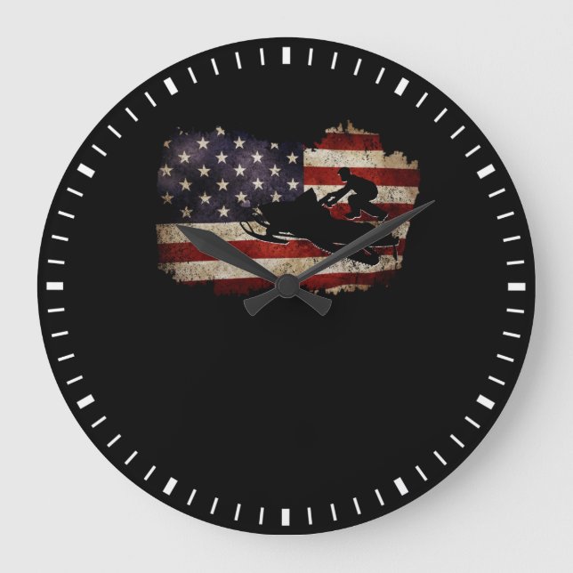 Snowmobile USA Flag Snow Sled Patriotic Large Clock (Front)